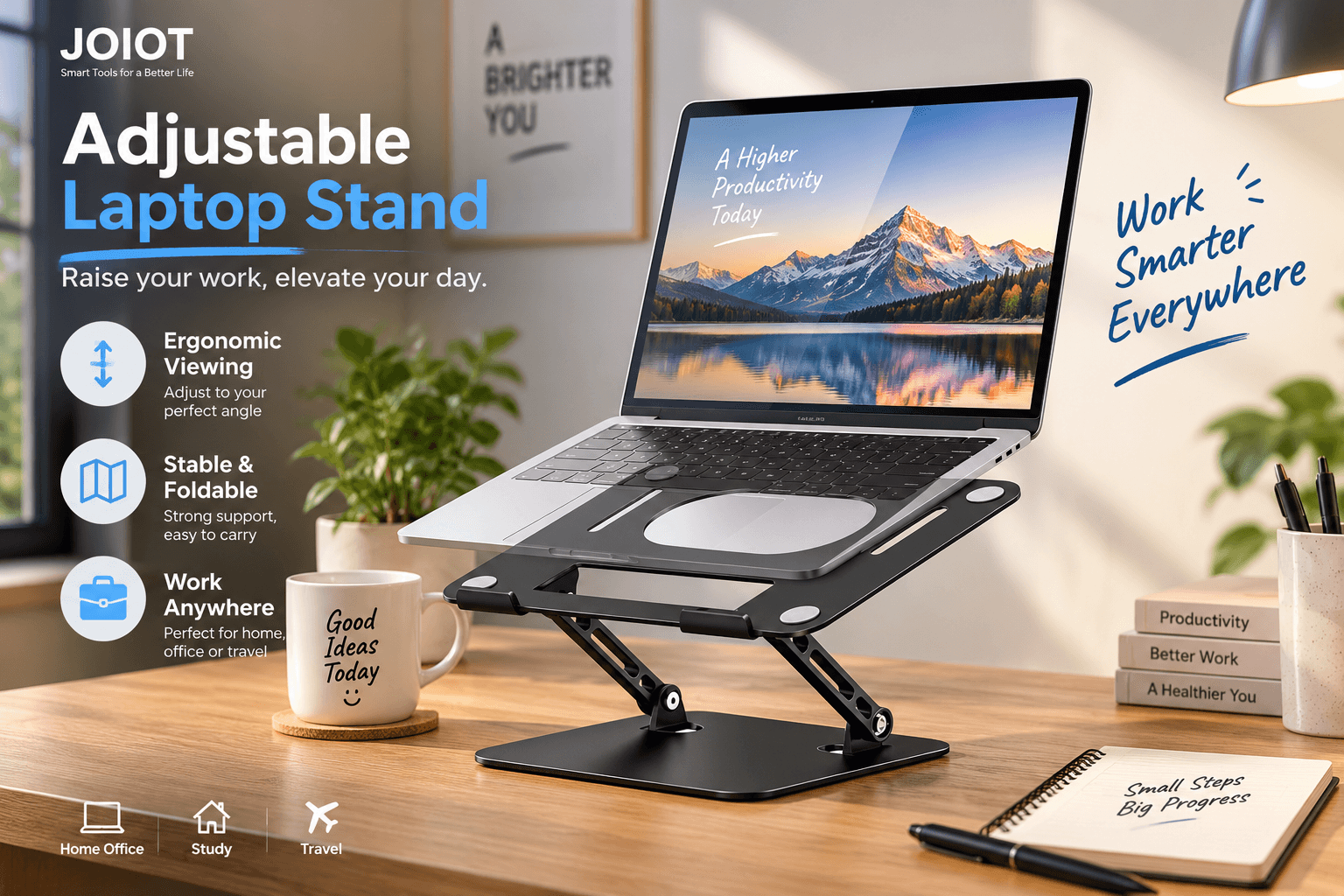 Black adjustable folding laptop stand supporting a silver laptop on a bright home-office desk. Graphic annotations read “Adjustable Laptop Stand,” “Ergonomic Viewing,” “Stable & Foldable,” and “Work Anywhere,” presenting a versatile setup for home office, study, and travel.
