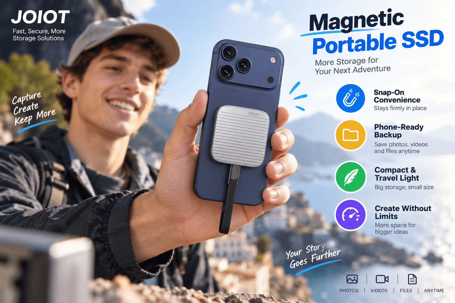 A creator outdoors holds a dark-blue smartphone with a silver JOIOT magnetic portable SSD attached to the back and connected by a short cable. Colorful callouts highlight “Magnetic Portable SSD,” “Snap-On Convenience,” “Phone-Ready Backup,” and “Compact & Travel Light” for mobile creation and storage on the go.