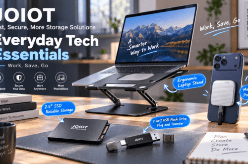 JOIOT tech essentials displayed in a modern workspace, featuring an adjustable laptop stand, 2.5-inch SSD, dual-interface USB flash drive, and magnetic portable SSD attached to a phone. English callouts such as “Everyday Tech Essentials” and “Work, Save, Go” highlight portable storage and everyday productivity.