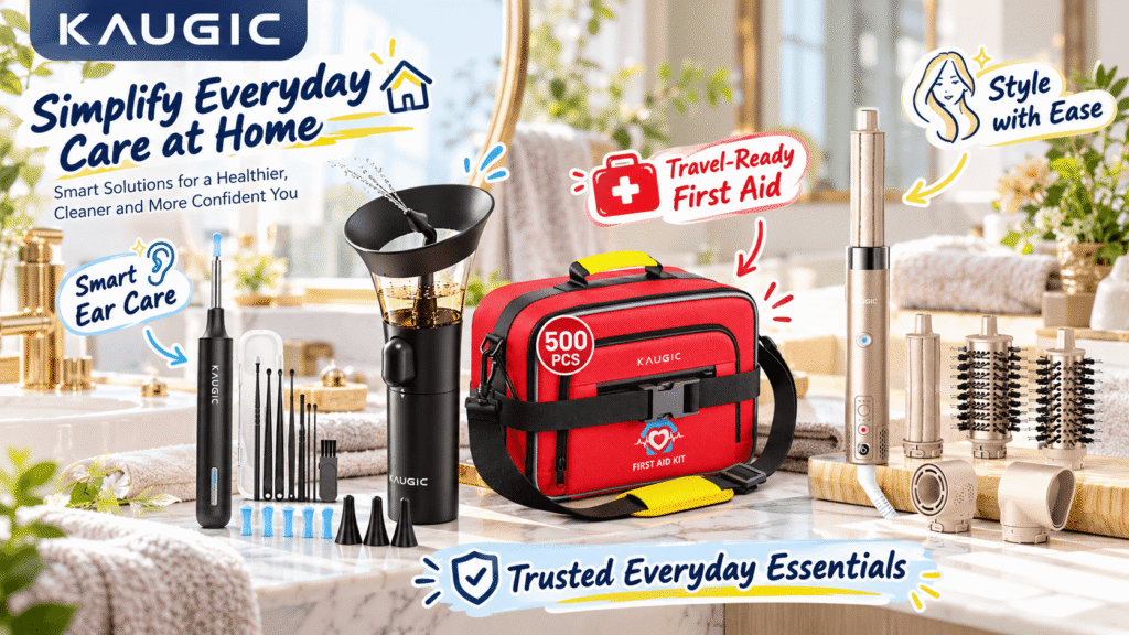 KAUGIC lifestyle promotional banner featuring smart ear care tools, a 500-piece red first aid kit, and a champagne-gold hair multi-styler in a bright home setting, with callouts for Smart Ear Care, Travel-Ready First Aid, Style with Ease, and Trusted Everyday Essentials.
