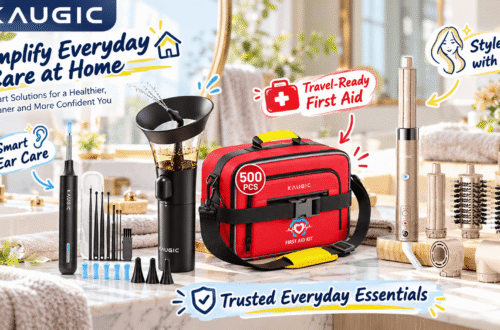 KAUGIC lifestyle promotional banner featuring smart ear care tools, a 500-piece red first aid kit, and a champagne-gold hair multi-styler in a bright home setting, with callouts for Smart Ear Care, Travel-Ready First Aid, Style with Ease, and Trusted Everyday Essentials.