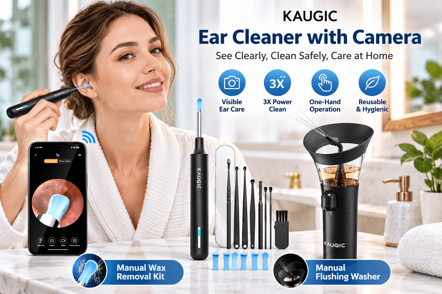 KAUGIC ear cleaner with camera and manual wax removal kit displayed in a modern bathroom, with a woman demonstrating ear care and a smartphone showing the camera view. Callouts highlight Visible Ear Care, 3X Power Clean, One-Hand Operation, and Reusable & Hygienic design.