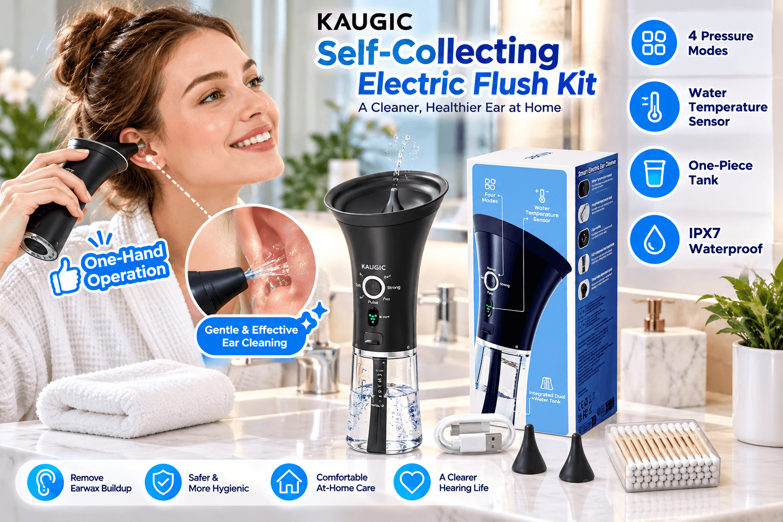 KAUGIC self-collecting electric ear flush kit shown in a clean bathroom setting with its blue-and-white retail box, USB cable, replacement tips and cotton swabs. Feature graphics highlight 4 Pressure Modes, Water Temperature Sensor, One-Piece Tank, IPX7 Waterproof, and One-Hand Operation.