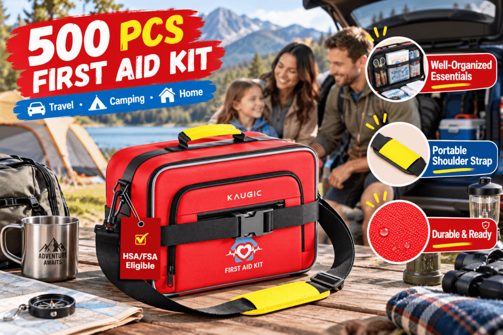 KAUGIC 500-piece red first aid kit with black shoulder strap and yellow accents displayed at a scenic family campsite beside an open vehicle. Promotional callouts emphasize Travel, Camping and Home use, Well-Organized Essentials, Portable Shoulder Strap, Durable construction, and HSA/FSA eligibility.