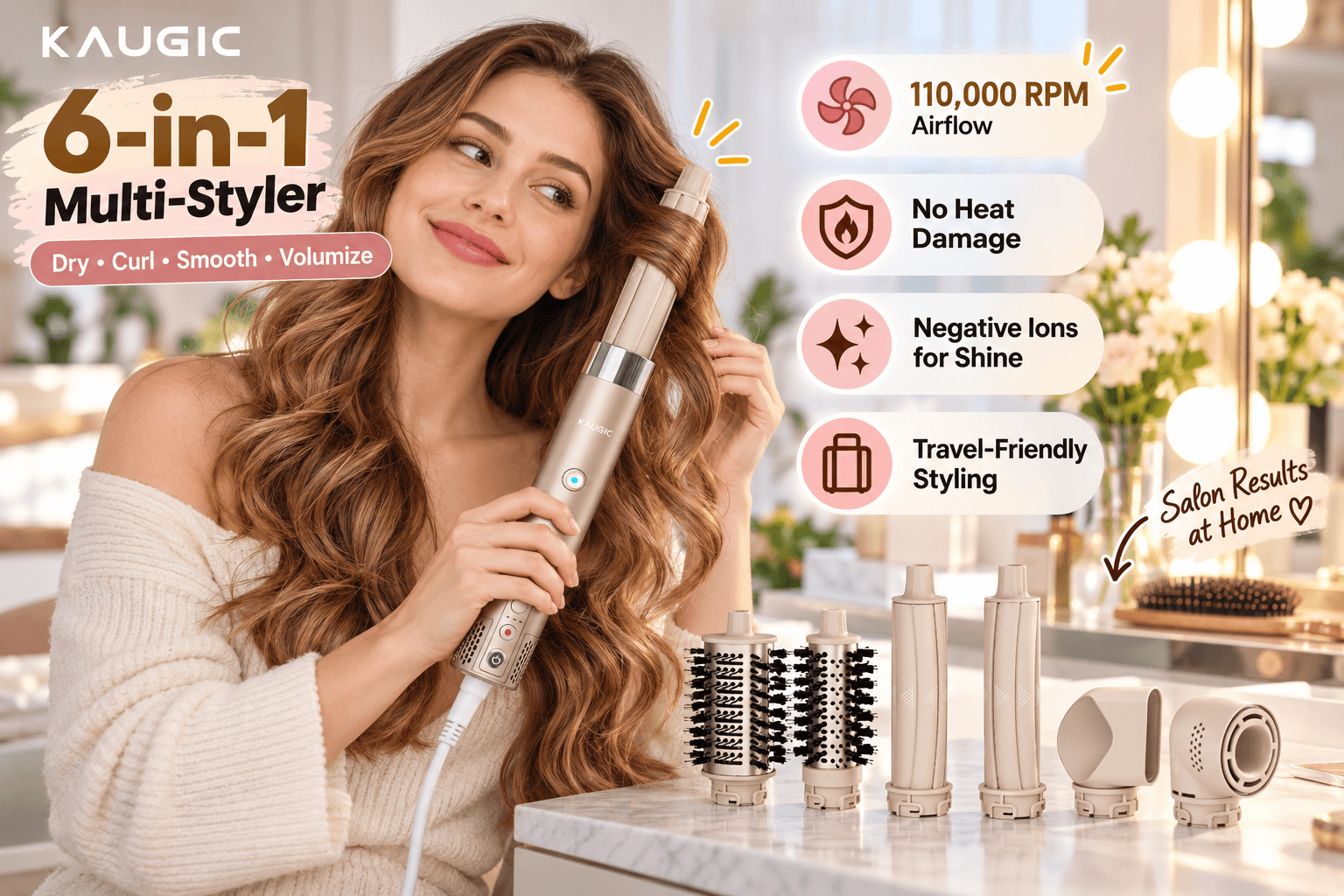 KAUGIC champagne-gold 6-in-1 hot air hair multi-styler shown in a stylish vanity setting as a woman curls her hair, with six attachments arranged nearby. Feature callouts include Dry, Curl, Smooth and Volumize, 110,000 RPM Airflow, No Heat Damage, Negative Ions for Shine, and Travel-Friendly Styling.