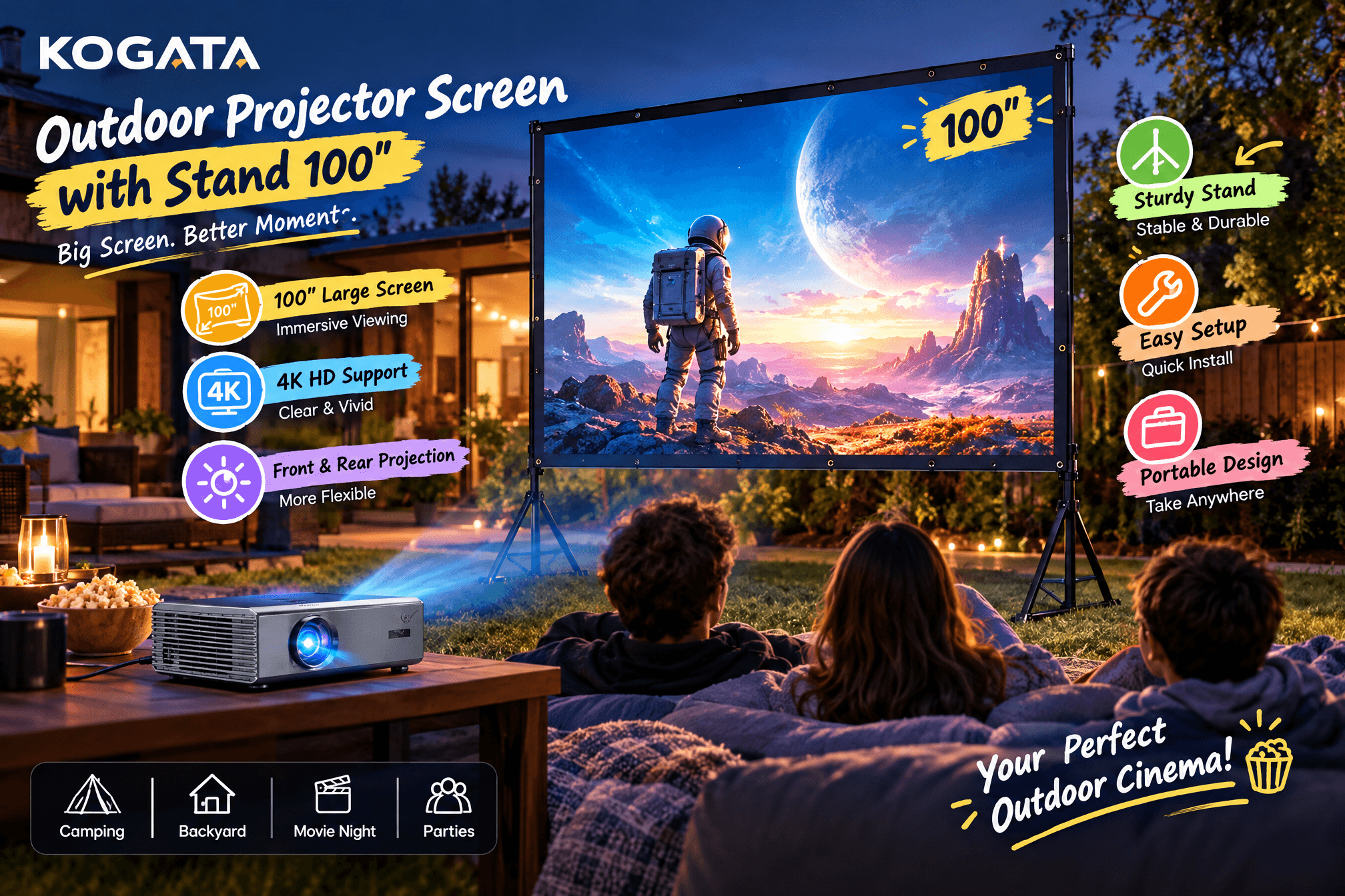 KOGATA 100-inch outdoor projector screen promotional image showing the screen set up in a backyard at dusk for an outdoor movie night with family and friends, featuring English callouts for 100" large screen, 4K HD support, and sturdy stand with cartoon graphics.