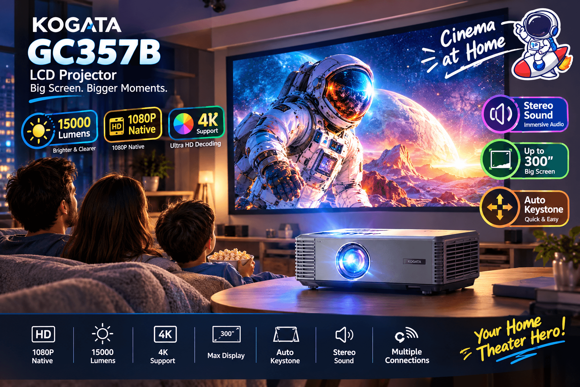 KOGATA GC357 projector home theater promotional image showing the projector on a living room table while a family watches a space-themed movie on the couch, featuring English feature badges such as 1080P and 4K support plus a cartoon astronaut graphic.