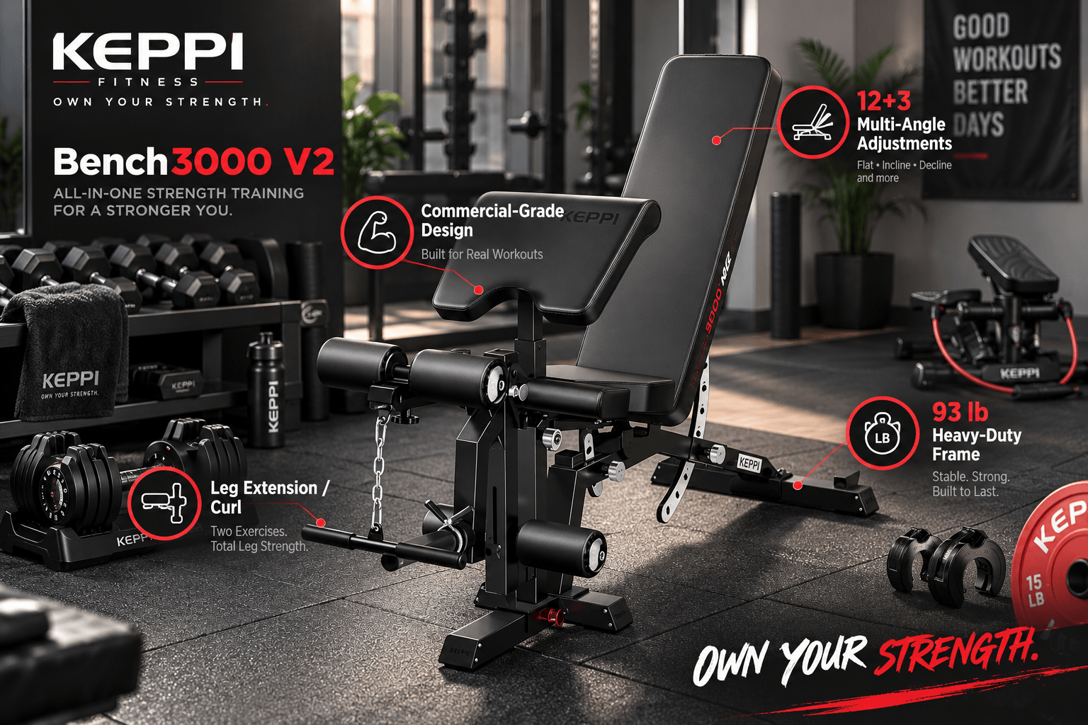 Keppi Bench3000 V2 adjustable weight bench in a modern gym, highlighting leg extension and curl attachments, a 93 lb heavy-duty frame, and 12+3 multi-angle adjustments with red-and-white feature callouts.