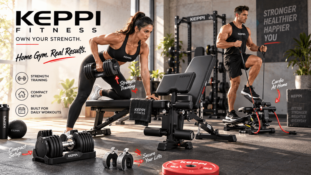 Modern home gym featuring Keppi Fitness adjustable bench, dumbbells, barbell clamps, and stair stepper, with two athletes performing strength and cardio workouts alongside “Own Your Strength” callouts and red graphic arrows.