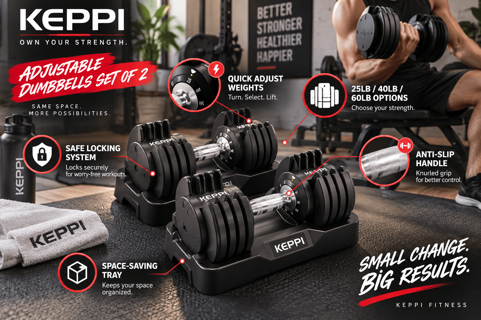 Pair of black Keppi adjustable dumbbells on compact storage trays in a home gym, highlighting quick weight adjustment, 25/40/60 lb options, safe locking, anti-slip handles, and space-saving storage.
