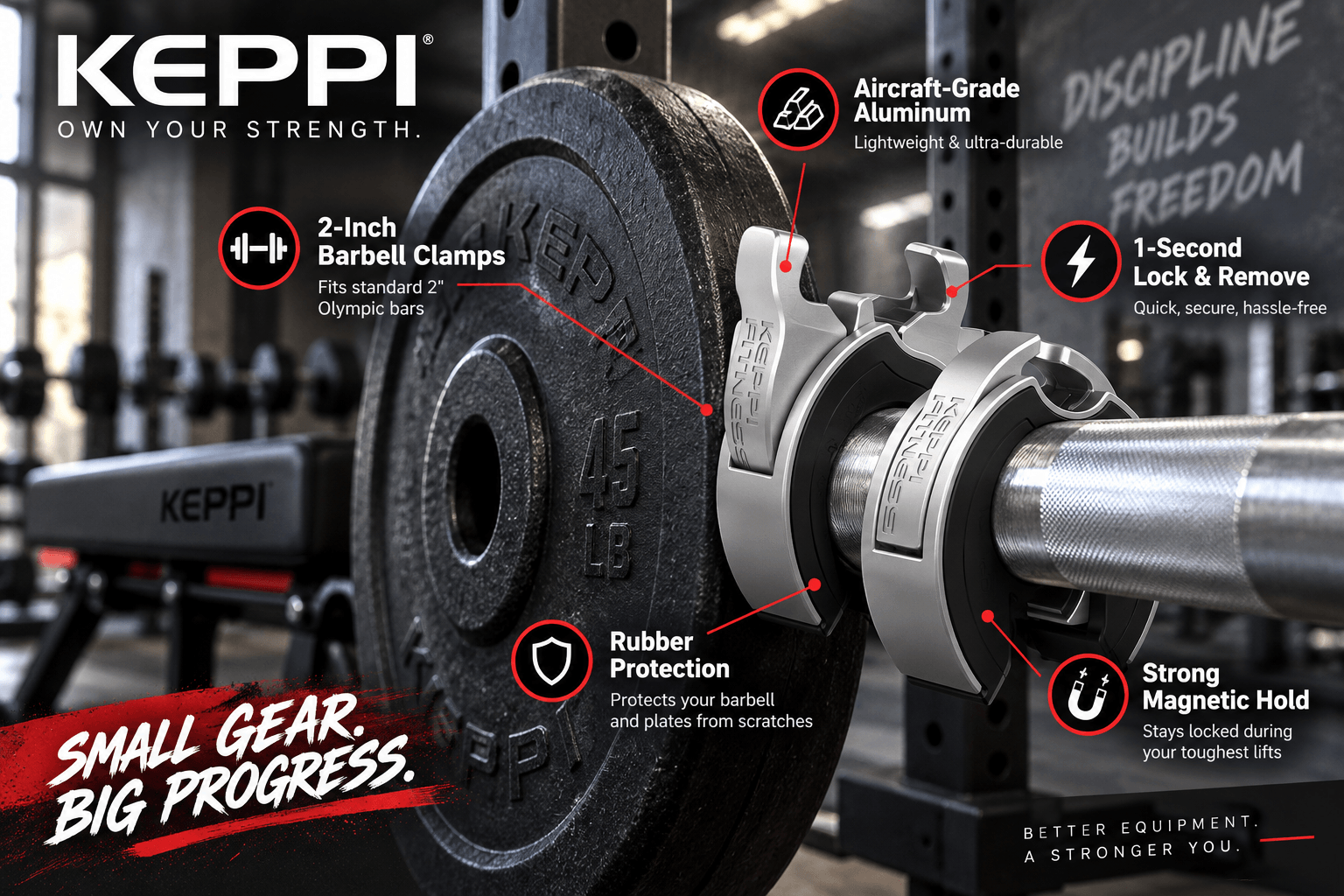Close-up of silver and black Keppi 2-inch barbell clamps secured on an Olympic bar, highlighting aircraft-grade aluminum, rubber protection, one-second locking, and strong magnetic hold in a gym setting.