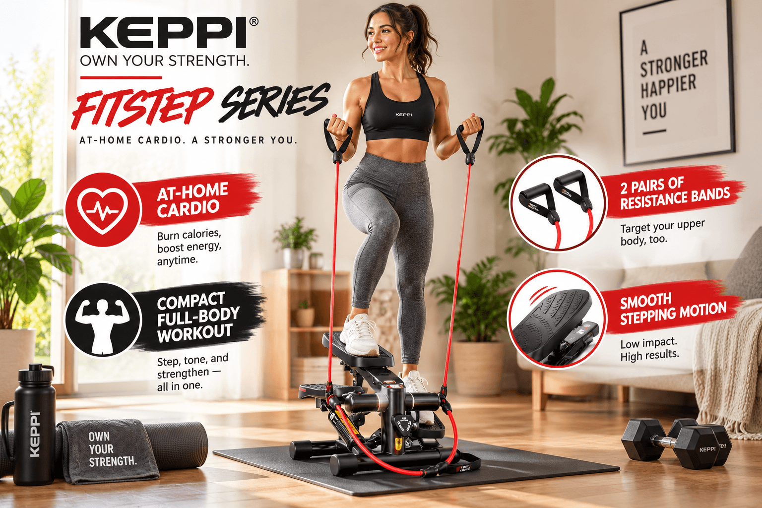 Fit woman using a Keppi Fitstep stair stepper with red resistance bands in a bright home workout space, with callouts for at-home cardio, two pairs of resistance bands, full-body training, and smooth stepping motion.