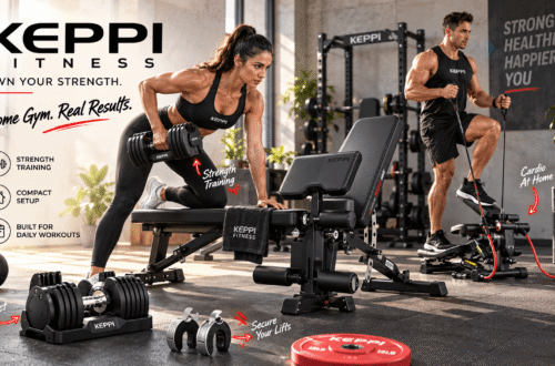 Modern home gym featuring Keppi Fitness adjustable bench, dumbbells, barbell clamps, and stair stepper, with two athletes performing strength and cardio workouts alongside “Own Your Strength” callouts and red graphic arrows.