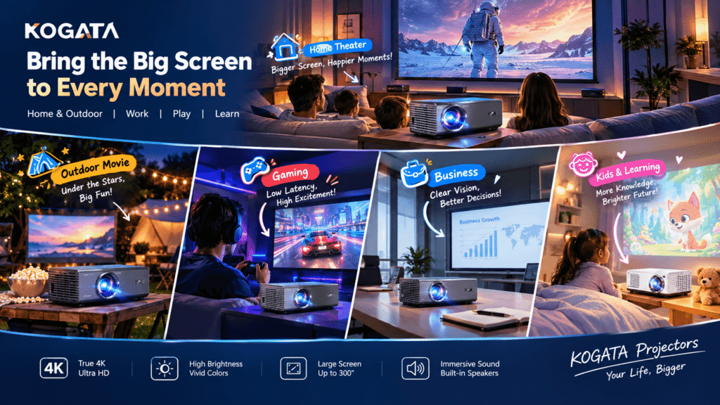 Kogala projector multi-scenario promotional banner showcasing real-life use cases including home theater, outdoor movie night, gaming, business presentation, and kids' learning, with English feature callouts and cartoon icons.