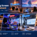 Kogala projector multi-scenario promotional banner showcasing real-life use cases including home theater, outdoor movie night, gaming, business presentation, and kids' learning, with English feature callouts and cartoon icons.
