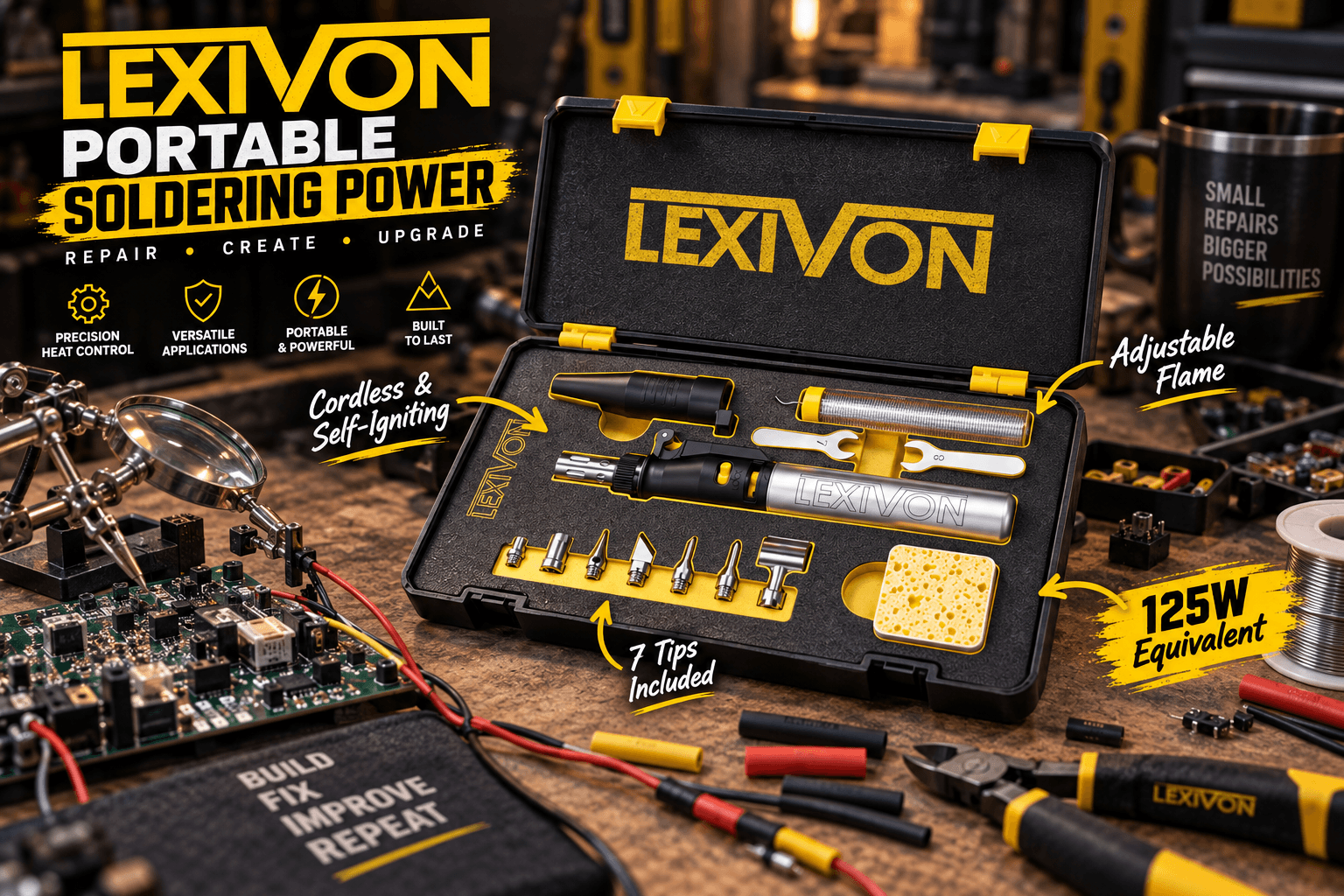 LEXIVON portable butane soldering kit displayed open on an electronics repair workbench with soldering tool, multiple tips, accessories, and sponge. Callouts highlight “Cordless & Self-Igniting,” “Adjustable Flame,” “7 Tips Included,” and “125W Equivalent.”