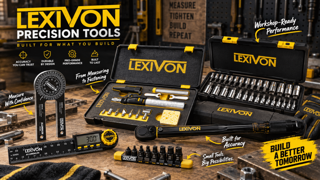 LEXIVON precision tools arranged on a realistic workshop bench, including a soldering kit, socket set, torque wrench, angle tools, and bit set. Black-and-yellow graphics feature callouts such as “Precision Tools,” “Built for Accuracy,” and “Workshop-Ready Performance.”