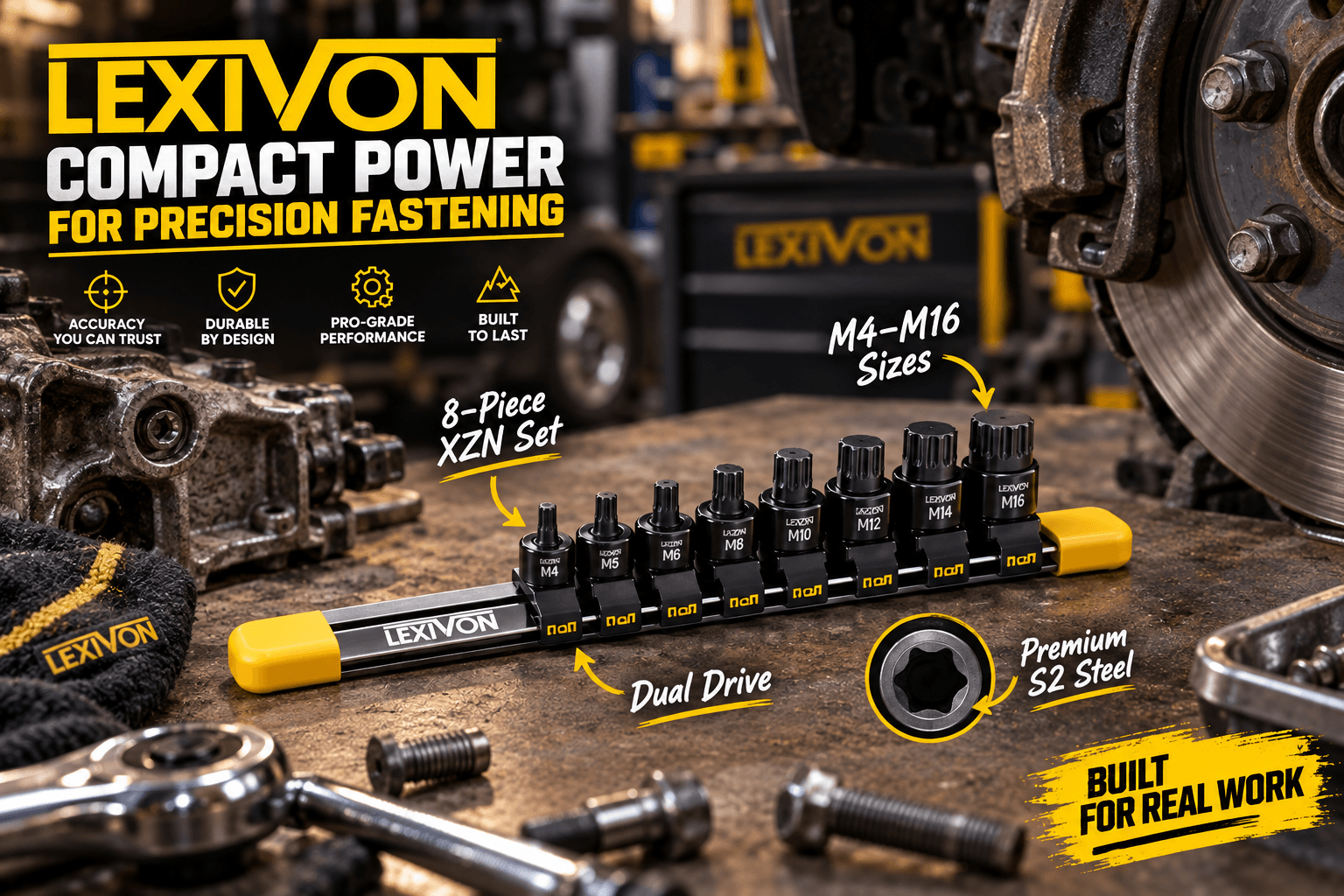 LEXIVON 8-piece Triple Square XZN bit socket set displayed on an automotive workshop bench, with M4–M16 sizes arranged on a black-and-yellow rail. Graphic callouts highlight “8-Piece XZN Set,” “M4–M16 Sizes,” “Dual Drive,” and “Premium S2 Steel.”