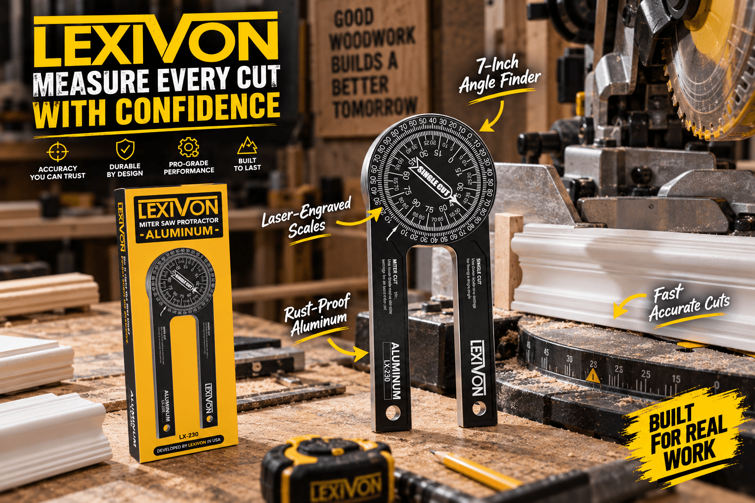 LEXIVON 7-inch aluminum miter saw protractor shown beside a miter saw in a realistic woodworking shop, with its packaging displayed nearby. Callouts identify “7-Inch Angle Finder,” “Laser-Engraved Scales,” “Rust-Proof Aluminum,” and “Fast Accurate Cuts.”