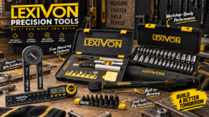 LEXIVON precision tools arranged on a realistic workshop bench, including a soldering kit, socket set, torque wrench, angle tools, and bit set. Black-and-yellow graphics feature callouts such as “Precision Tools,” “Built for Accuracy,” and “Workshop-Ready Performance.”