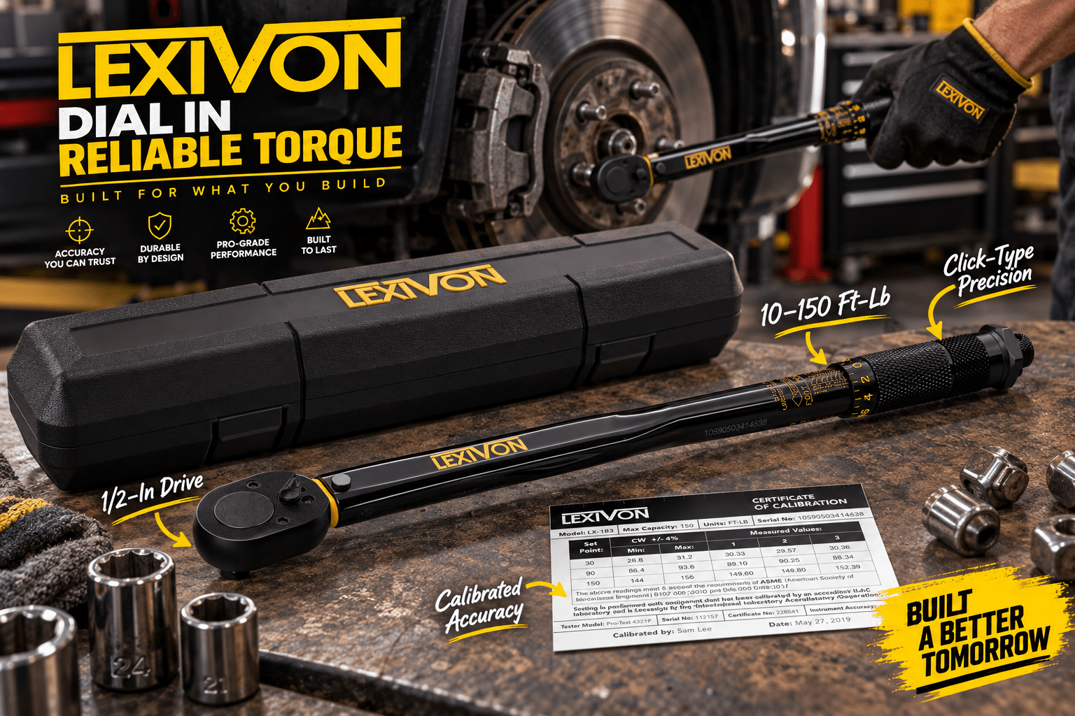 LEXIVON 1/2-inch drive torque wrench displayed in an automotive garage with its black storage case, calibration certificate, and sockets near a brake assembly. Callouts highlight “10–150 Ft-Lb,” “Click-Type Precision,” and “Calibrated Accuracy.”