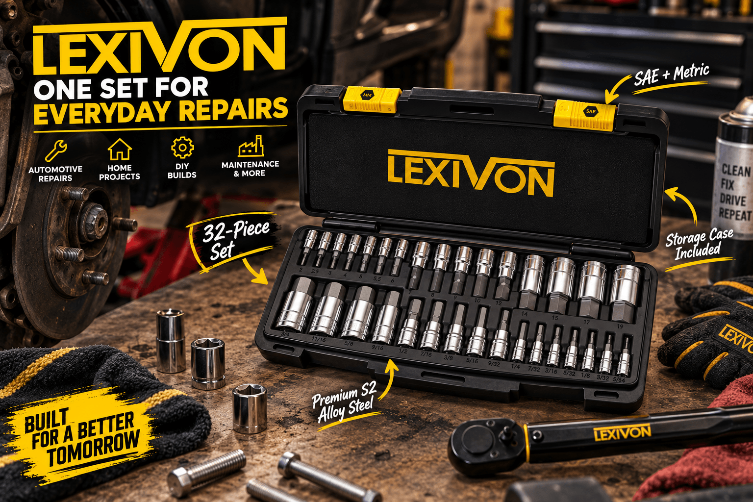 LEXIVON 32-piece Master HEX bit socket set displayed open on a garage workbench, with chrome sockets and bits neatly organized in a black storage case. Callouts feature “32-Piece Set,” “SAE + Metric,” “Premium S2 Alloy Steel,” and “Storage Case Included.”