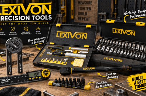 LEXIVON precision tools arranged on a realistic workshop bench, including a soldering kit, socket set, torque wrench, angle tools, and bit set. Black-and-yellow graphics feature callouts such as “Precision Tools,” “Built for Accuracy,” and “Workshop-Ready Performance.”
