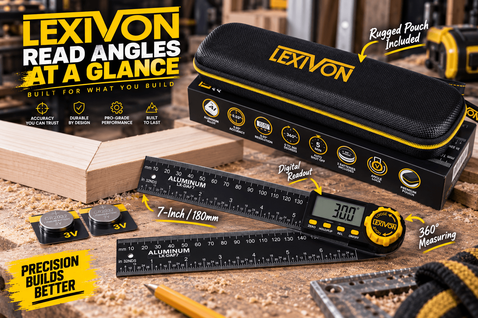 LEXIVON 7-inch/180mm digital angle finder displayed on a woodworking bench with a black zippered pouch, product box, and CR2032 batteries. The screen reads 30.0°, with callouts for “Digital Readout,” “360° Measuring,” “7-Inch / 180mm,” and “Rugged Pouch Included.”