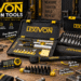 LEXIVON precision tools arranged on a realistic workshop bench, including a soldering kit, socket set, torque wrench, angle tools, and bit set. Black-and-yellow graphics feature callouts such as “Precision Tools,” “Built for Accuracy,” and “Workshop-Ready Performance.”