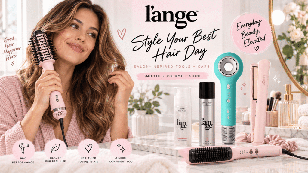 A promotional photo of a smiling woman with styled brown hair holding a pink l'ange blow dryer brush. On a marble vanity are various l'ange hair tools and care products in pink and teal, including flat irons, a hair dryer, and styling sprays. Text reads: "Style Your Best Hair Day" and "Everyday Beauty, Elevated".