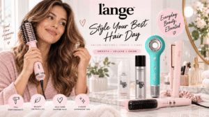 A promotional photo of a smiling woman with styled brown hair holding a pink l'ange blow dryer brush. On a marble vanity are various l'ange hair tools and care products in pink and teal, including flat irons, a hair dryer, and styling sprays. Text reads: "Style Your Best Hair Day" and "Everyday Beauty, Elevated".