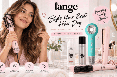 A promotional photo of a smiling woman with styled brown hair holding a pink l'ange blow dryer brush. On a marble vanity are various l'ange hair tools and care products in pink and teal, including flat irons, a hair dryer, and styling sprays. Text reads: "Style Your Best Hair Day" and "Everyday Beauty, Elevated".