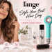 A promotional photo of a smiling woman with styled brown hair holding a pink l'ange blow dryer brush. On a marble vanity are various l'ange hair tools and care products in pink and teal, including flat irons, a hair dryer, and styling sprays. Text reads: "Style Your Best Hair Day" and "Everyday Beauty, Elevated".