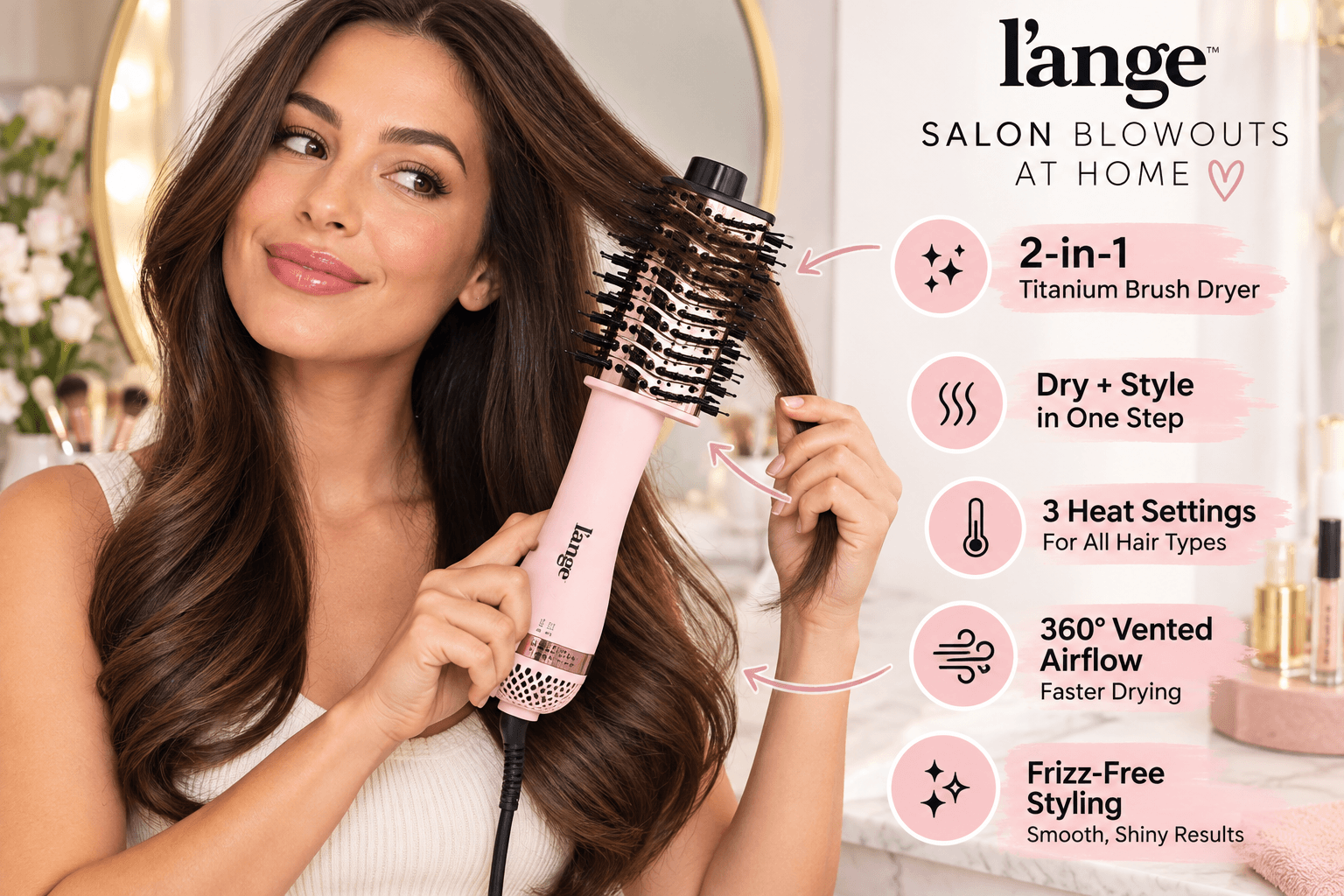 A close-up promotional image of a woman using a pink l'ange Le Volume Elevé 2-in-1 Titanium Brush Dryer on her dark hair. Pink circles with icons point to features: "2-in-1 Titanium Brush Dryer", "Dry + Style in One Step", "3 Heat Settings", "360° Vented Airflow", and "Frizz-Free Styling".