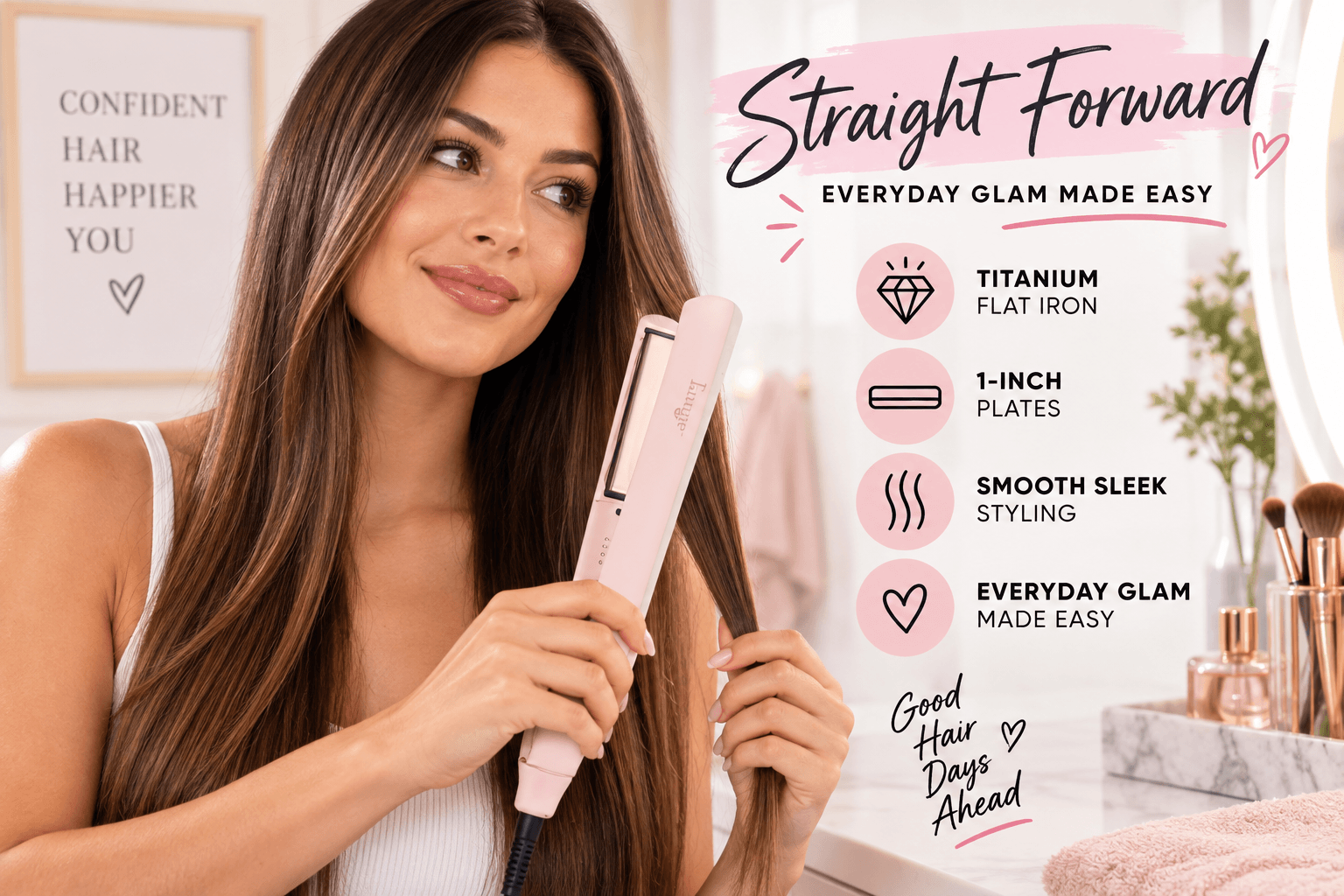 A woman using a pink l'ange Straight Forward Titanium Flat Iron on her long straight hair. Pink circles with icons point to key features: "TITANIUM FLAT IRON", "1-INCH PLATES", "SMOOTH SLEEK STYLING", and "EVERYDAY GLAM MADE EASY". Text at top reads: "Straight Forward Everyday Glam Made Easy". A framed quote reads "CONFIDENT HAIR HAPPIER YOU".