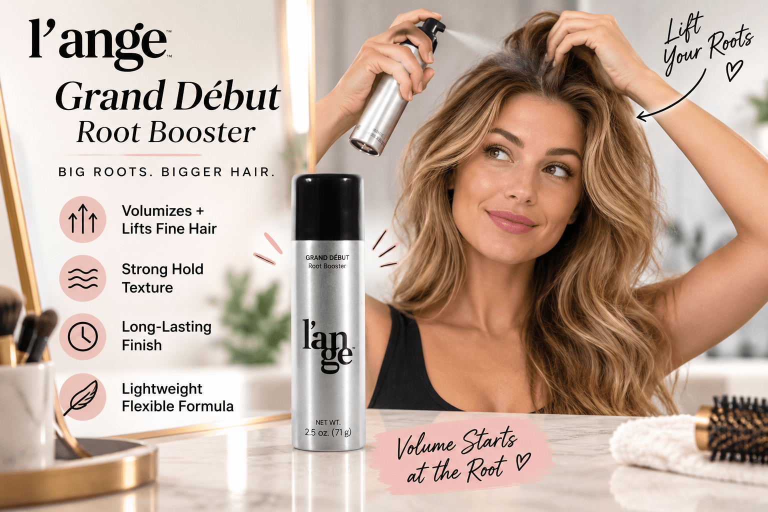 A woman spraying l'ange Grand Début Root Booster onto the roots of her blonde hair. Circular icons list features: "Volumizes + Lifts Fine Hair", "Strong Hold Texture", "Long-Lasting Finish", and "Lightweight Flexible Formula". Text reads: "Big Roots. Bigger Hair." and "Volume Starts at the Root".