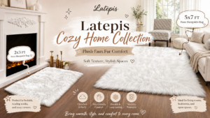 A promotional image for Latepis Cozy Home Collection, showing a beautifully decorated living room. Two white faux sheepskin rugs are featured: a 2x3 FT rug near a fireplace and a 5x7 FT rug in the center. The image has text overlay: "Latepis Cozy Home Collection, Plush Faux Fur Comfort, Soft Texture, Stylish Spaces". Arrows point from text bubbles to the rugs: "2x3 FT Faux Sheepskin Rug" and "5x7 FT Faux Sheepskin Rug" with descriptions "Perfect for bedside, reading nooks, and cozy corners" and "Ideal for living rooms, bedrooms, and open spaces" respectively. Icons at the bottom highlight features: Ultra Soft & Fluffy, Skin-Friendly Comfort, Durable & Long-Lasting, and Machine Washable. The bottom text reads "Bring warmth, style, and comfort to every room.".
