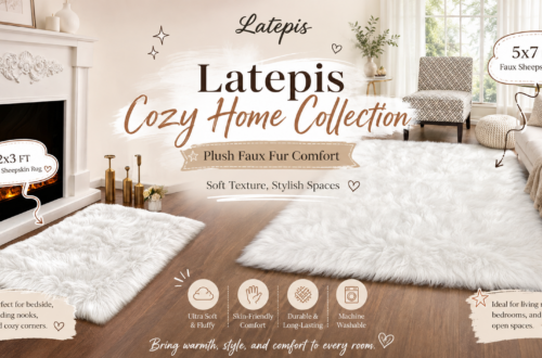 A promotional image for Latepis Cozy Home Collection, showing a beautifully decorated living room. Two white faux sheepskin rugs are featured: a 2x3 FT rug near a fireplace and a 5x7 FT rug in the center. The image has text overlay: "Latepis Cozy Home Collection, Plush Faux Fur Comfort, Soft Texture, Stylish Spaces". Arrows point from text bubbles to the rugs: "2x3 FT Faux Sheepskin Rug" and "5x7 FT Faux Sheepskin Rug" with descriptions "Perfect for bedside, reading nooks, and cozy corners" and "Ideal for living rooms, bedrooms, and open spaces" respectively. Icons at the bottom highlight features: Ultra Soft & Fluffy, Skin-Friendly Comfort, Durable & Long-Lasting, and Machine Washable. The bottom text reads "Bring warmth, style, and comfort to every room.".