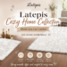 A promotional image for Latepis Cozy Home Collection, showing a beautifully decorated living room. Two white faux sheepskin rugs are featured: a 2x3 FT rug near a fireplace and a 5x7 FT rug in the center. The image has text overlay: "Latepis Cozy Home Collection, Plush Faux Fur Comfort, Soft Texture, Stylish Spaces". Arrows point from text bubbles to the rugs: "2x3 FT Faux Sheepskin Rug" and "5x7 FT Faux Sheepskin Rug" with descriptions "Perfect for bedside, reading nooks, and cozy corners" and "Ideal for living rooms, bedrooms, and open spaces" respectively. Icons at the bottom highlight features: Ultra Soft & Fluffy, Skin-Friendly Comfort, Durable & Long-Lasting, and Machine Washable. The bottom text reads "Bring warmth, style, and comfort to every room.".