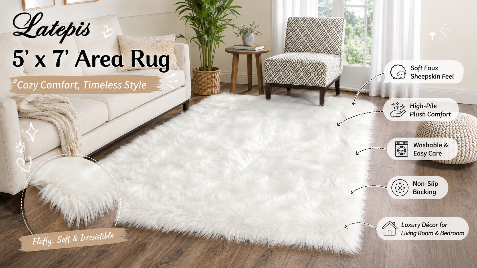 A promotional lifestyle image for a Latepis 5' x 7' Area Rug, showcasing a beautifully decorated living room. A large, fluffy white faux sheepskin rug is centered on a wooden floor, partially positioned under a light-colored sofa. Background elements include a side table with a potted plant, a table lamp, and an patterned accent chair near a window with sheer curtains. Callout labels with icons and arrows point to the rug, highlighting its features: "Soft Faux Sheepskin Feel", "High-Pile Plush Comfort", "Washable & Easy Care", "Non-Slip Backing", and "Luxury Décor for Living Room & Bedroom". Text in the top-left corner says "Latepis 5' x 7' Area Rug, Cozy Comfort, Timeless Style". A magnifying detail circle in the bottom-left shows a close-up of the rug's fibers, labeled "Fluffy, Soft & Irresistible". Small decorative sparkles are added for style.