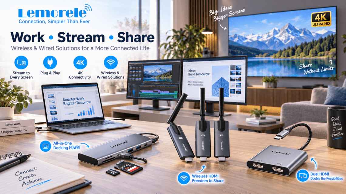 Lemorele connectivity products in a modern home-office setup, featuring wireless HDMI transmitters, a dual HDMI adapter, and a USB-C hub connected to a laptop, dual monitors, and TV, with blue callouts for Work, Stream, Share, Plug & Play, and 4K connectivity.