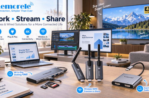 Lemorele connectivity products in a modern home-office setup, featuring wireless HDMI transmitters, a dual HDMI adapter, and a USB-C hub connected to a laptop, dual monitors, and TV, with blue callouts for Work, Stream, Share, Plug & Play, and 4K connectivity.