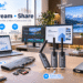 Lemorele connectivity products in a modern home-office setup, featuring wireless HDMI transmitters, a dual HDMI adapter, and a USB-C hub connected to a laptop, dual monitors, and TV, with blue callouts for Work, Stream, Share, Plug & Play, and 4K connectivity.