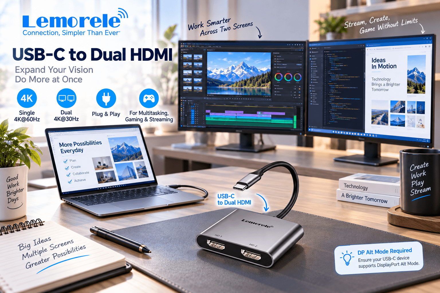 Lemorele USB-C to Dual HDMI adapter on a modern workstation, connecting a laptop to two external monitors for multitasking. Callouts highlight single 4K@60Hz, dual 4K@30Hz, Plug & Play, gaming and streaming use, plus the DP Alt Mode requirement.