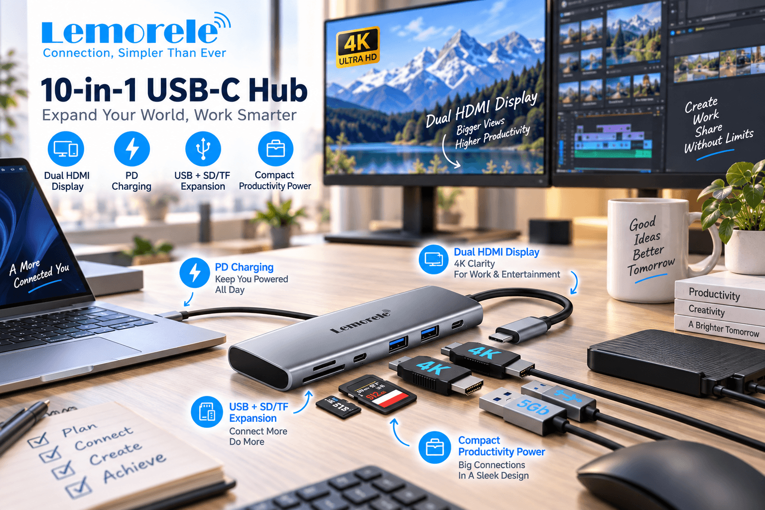 Lemorele 10-in-1 USB-C hub in a modern desk setup with a laptop, dual displays, HDMI cables, USB devices, and SD/TF cards. Blue callouts highlight dual HDMI display, PD charging, USB and card expansion, and compact productivity.