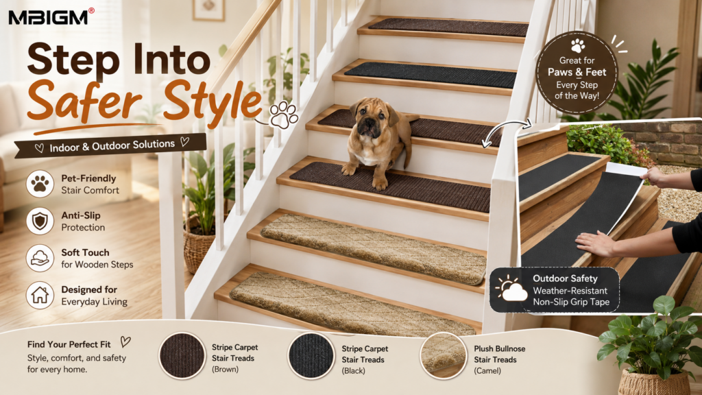 MBIGM brand advertisement for stair treads and anti-slip tape, featuring a puppy sitting on indoor wooden stairs with various treads. Benefits for indoor solutions are listed on the left: pet-friendly, anti-slip protection, soft touch, designed for daily living. An inset on the right shows a person installing outdoor weather-resistant non-slip grip tape. The bottom displays three tread options: brown stripe carpet treads, black stripe carpet treads, and camel plush bullnose treads.