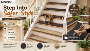 MBIGM brand advertisement for stair treads and anti-slip tape, featuring a puppy sitting on indoor wooden stairs with various treads. Benefits for indoor solutions are listed on the left: pet-friendly, anti-slip protection, soft touch, designed for daily living. An inset on the right shows a person installing outdoor weather-resistant non-slip grip tape. The bottom displays three tread options: brown stripe carpet treads, black stripe carpet treads, and camel plush bullnose treads.