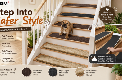 MBIGM brand advertisement for stair treads and anti-slip tape, featuring a puppy sitting on indoor wooden stairs with various treads. Benefits for indoor solutions are listed on the left: pet-friendly, anti-slip protection, soft touch, designed for daily living. An inset on the right shows a person installing outdoor weather-resistant non-slip grip tape. The bottom displays three tread options: brown stripe carpet treads, black stripe carpet treads, and camel plush bullnose treads.