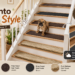 MBIGM brand advertisement for stair treads and anti-slip tape, featuring a puppy sitting on indoor wooden stairs with various treads. Benefits for indoor solutions are listed on the left: pet-friendly, anti-slip protection, soft touch, designed for daily living. An inset on the right shows a person installing outdoor weather-resistant non-slip grip tape. The bottom displays three tread options: brown stripe carpet treads, black stripe carpet treads, and camel plush bullnose treads.