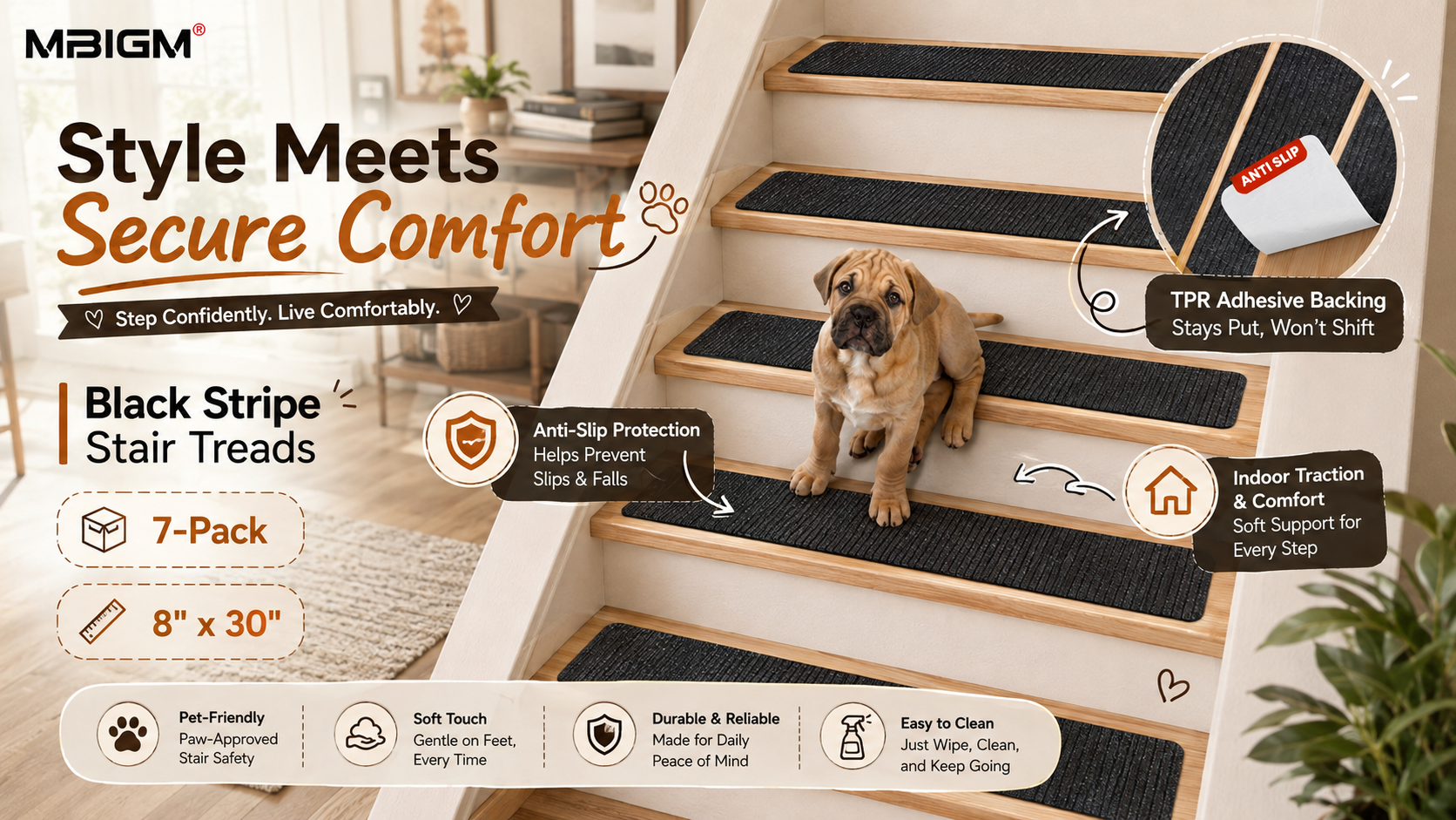 Advertisement for MBIGM 7-Pack, 8" x 30" Black Stripe Stair Treads. The main image shows a puppy sitting on white indoor wooden stairs fully covered with black treads. The upper right inset details the TPR adhesive backing, ensuring it stays put and won't shift. Benefits listed on the left and below include pet-friendly, anti-slip protection, soft touch, durable & reliable, easy to clean, and providing indoor traction & comfort.